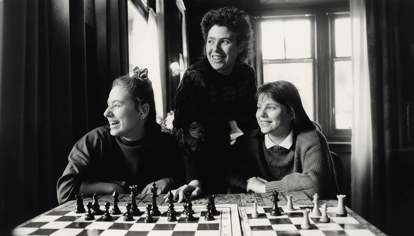 Three young women are gathered around a chessboard, smiling and engaged in a game.