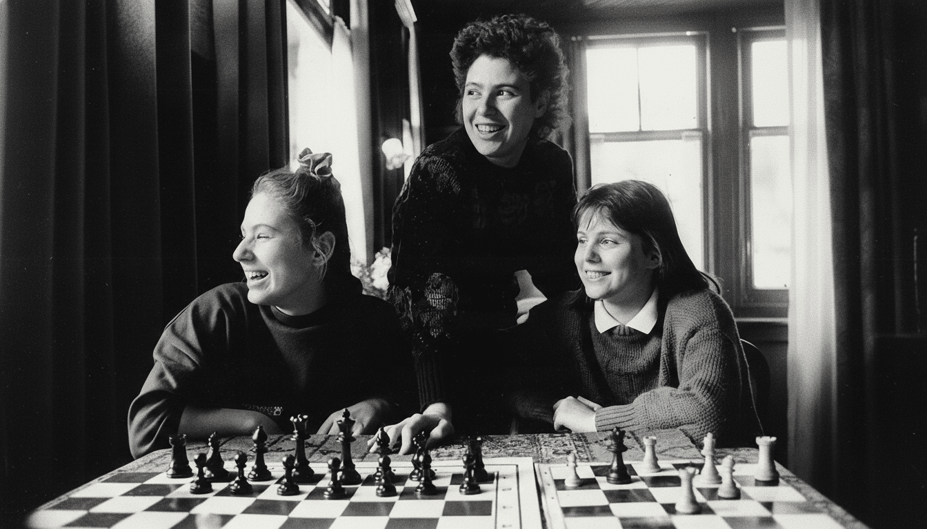 Three young women are gathered around a chessboard, smiling and engaged in a game.