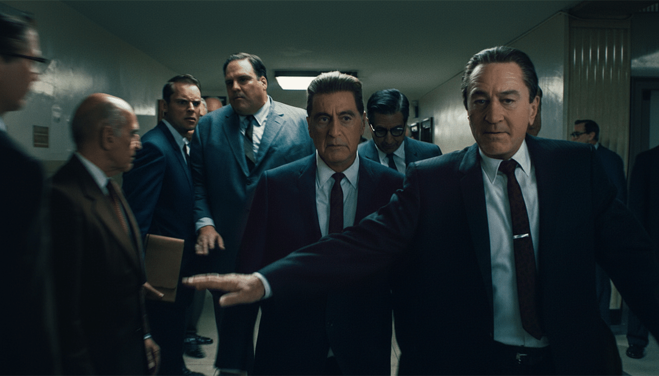 A group of men in suits, including Robert De Niro and Al Pacino, walking down a hallway.