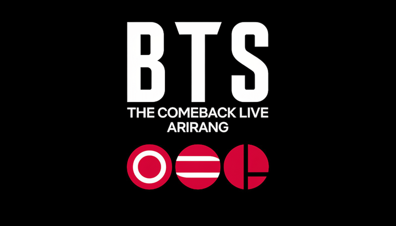 The BTS logo in white text with THE COMEBACK LIVE ARIRANG below it, all on a black background. Below that are three red circular logos.
