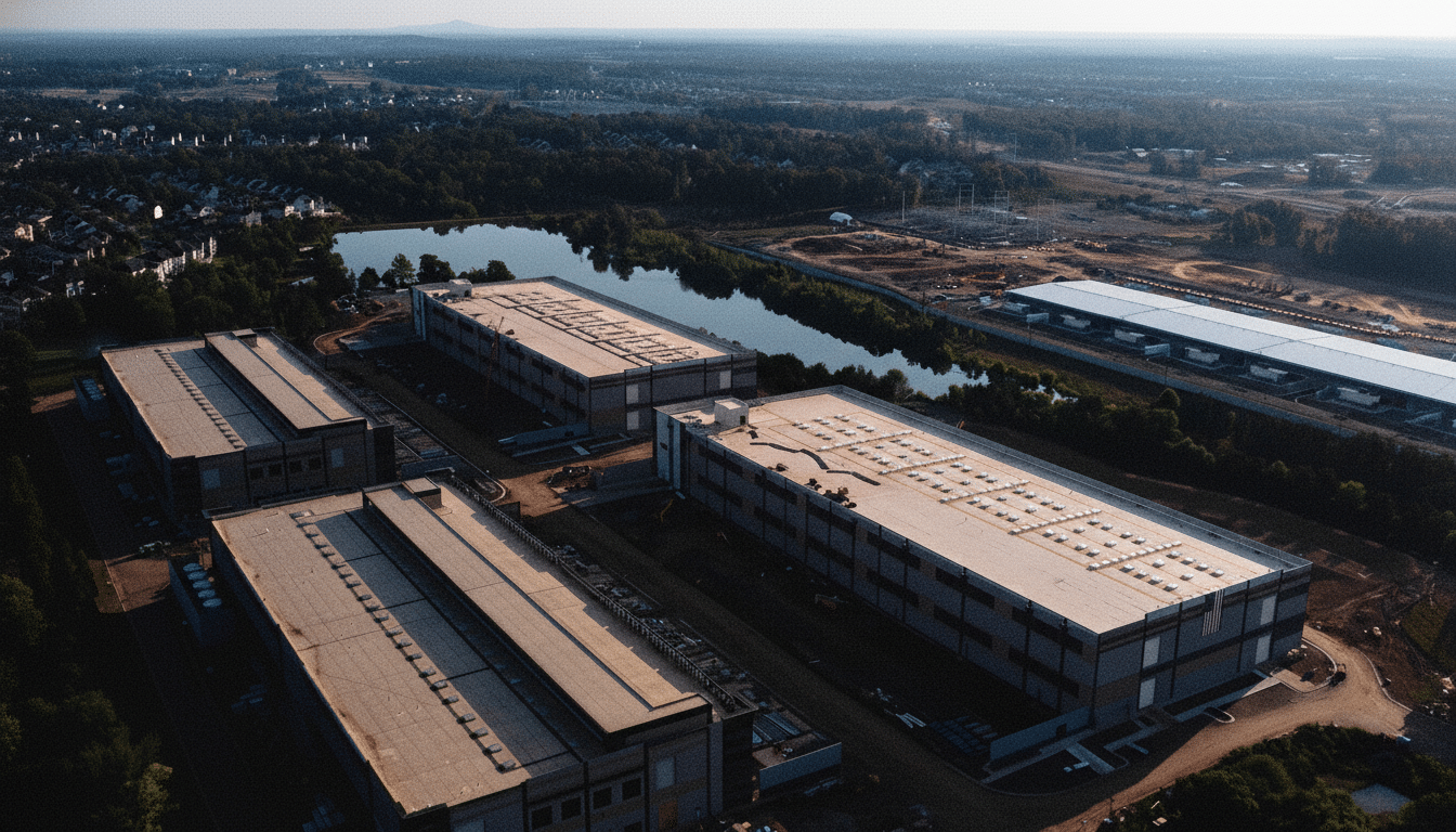 New York State Capitol and server racks amid proposed three-year data center moratorium