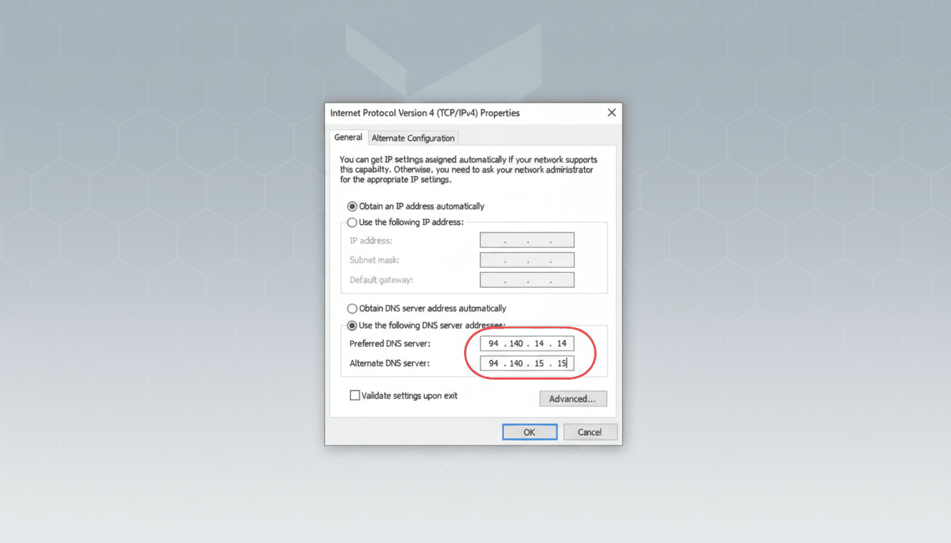 A screenshot of the Internet Protocol Version 4 (TCP/IPv4) Properties window, resized to a 16:9 aspect ratio with a professional flat design background. The window shows the Use the following DNS server addresses option selected, with Preferred DNS server set to 94.140.14.14 and Alternate DNS server set to 94.140.15.15, both highlighted with a red oval.