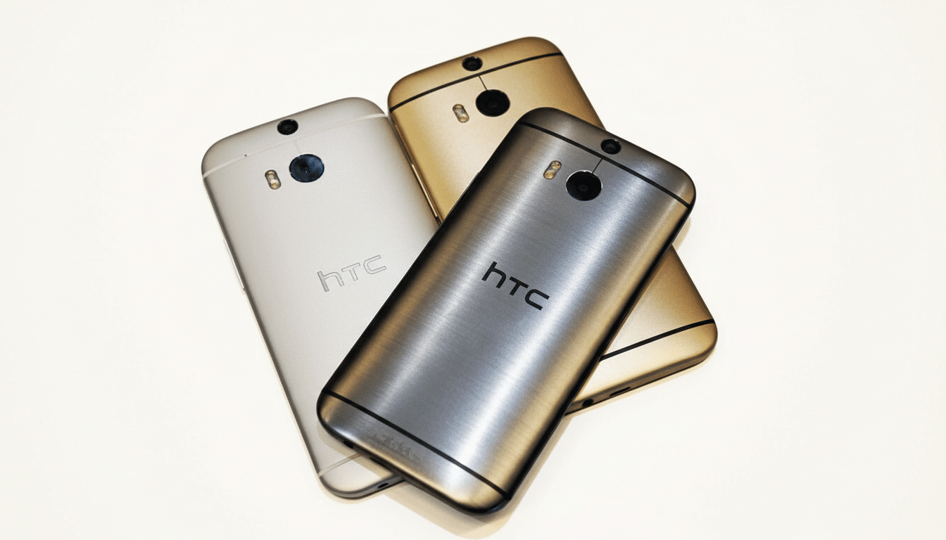 Three HTC smartphones, one silver, one gold, and one white, are arranged on a white background.