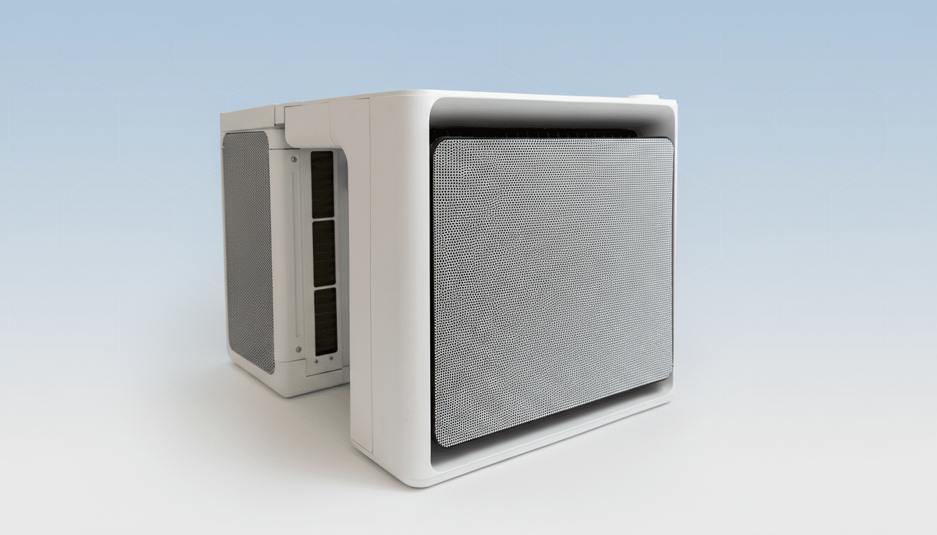 A white, modern air conditioning unit with a perforated front panel, set against a professional light blue and white gradient background.