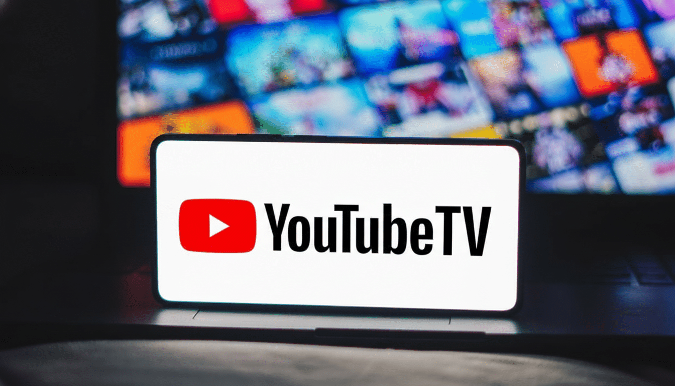A smartphone displaying the YouTube TV logo, with a blurred background of various streaming content thumbnails on a larger screen.