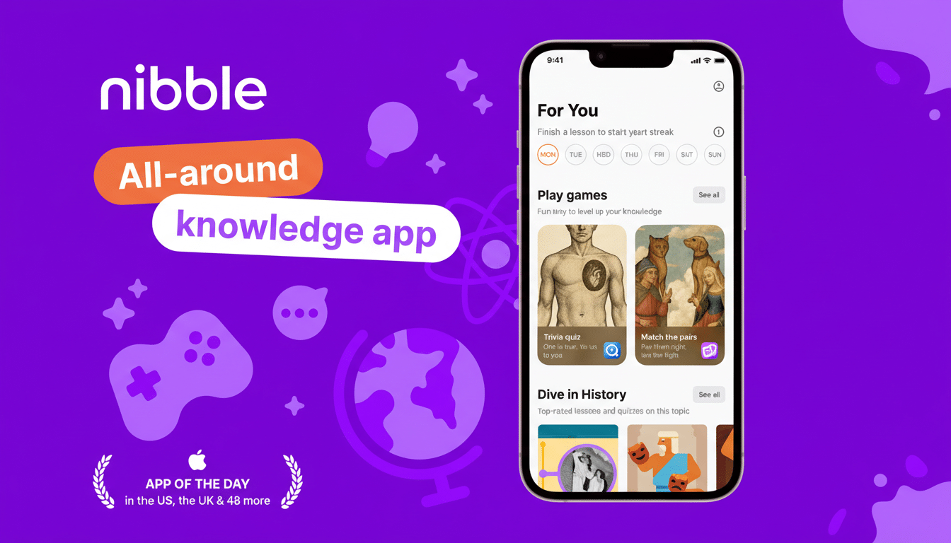 A mobile app called nibble is displayed on a smartphone, showcasing its All-around knowledge app features with various educational games and quizzes. The background is a professional flat design with soft patterns and gradients.