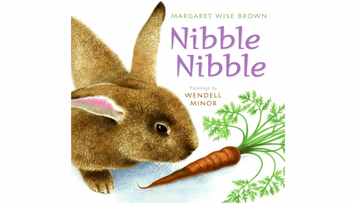 The cover of the childrens book Nibble Nibble by Margaret Wise Brown, featuring a brown rabbit looking at a carrot.
