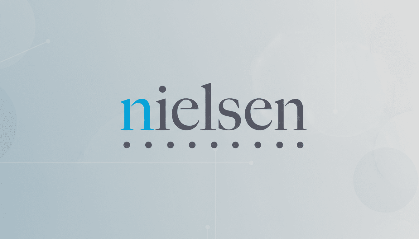 The Nielsen logo, featuring nielsen in a modern sans-serif font with the n in blue and the rest of the letters in dark gray, centered on a professional light gray background with subtle, soft geometric patterns. Below the word nielsen are eight dark gray dots.