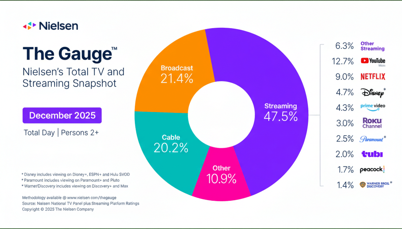 A Nielsen chart titled The Gauge: Nielsens Total TV and Streaming Snapshot for December 2025, showing a pie chart of total TV and streaming usage by category and a bar chart of streaming service market share.