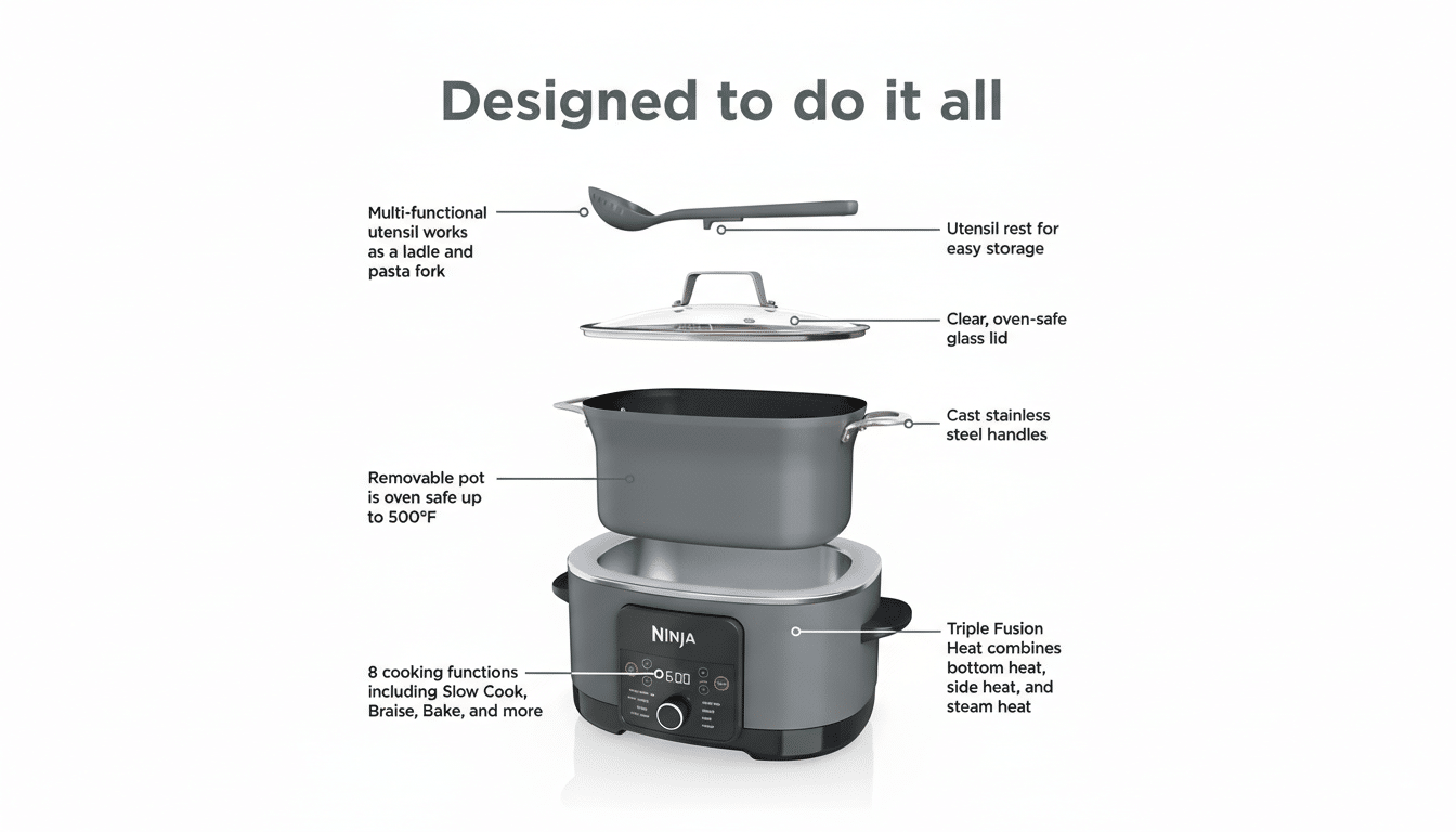 A Ninja Foodi PossibleCooker PRO with its components disassembled, including a multi-functional utensil, a clear glass lid, a removable pot, and the main cooker base. Text labels point to each part, describing its features and functions.