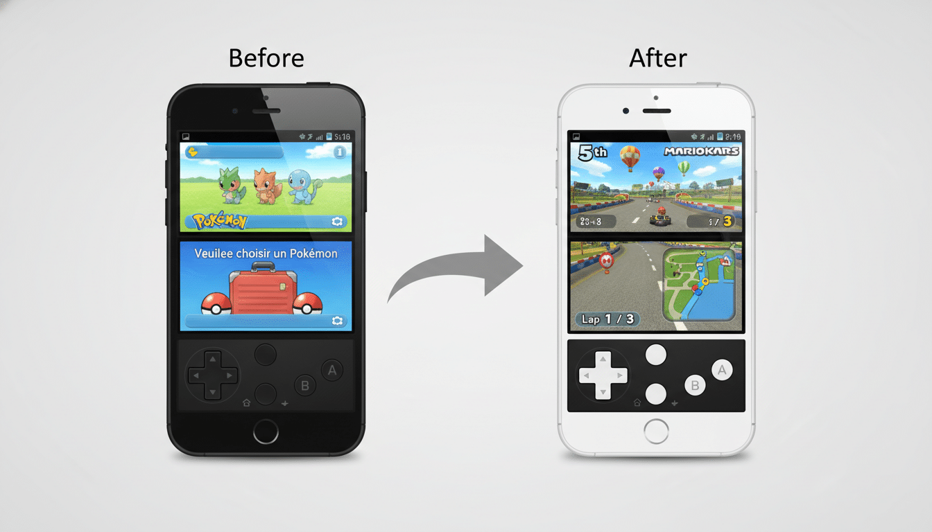 A Before and After comparison showing a smartphone displaying a Nintendo DS emulator. The Before image shows a black smartphone with a game featuring Pokémon characters and a suitcase with Poké Balls. The After image shows a white smartphone with a game featuring Mario Kart, with the screen split into two parts for gameplay and map.