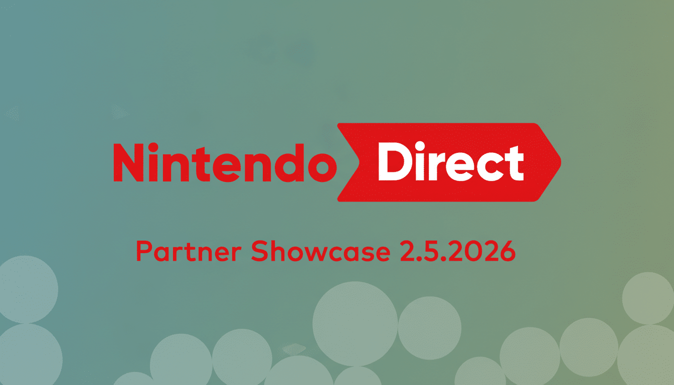 The Nintendo Direct Partner Showcase 2.5.2026 logo in red and white, centered on a professional flat design background with soft teal and green gradients and subtle circular patterns.