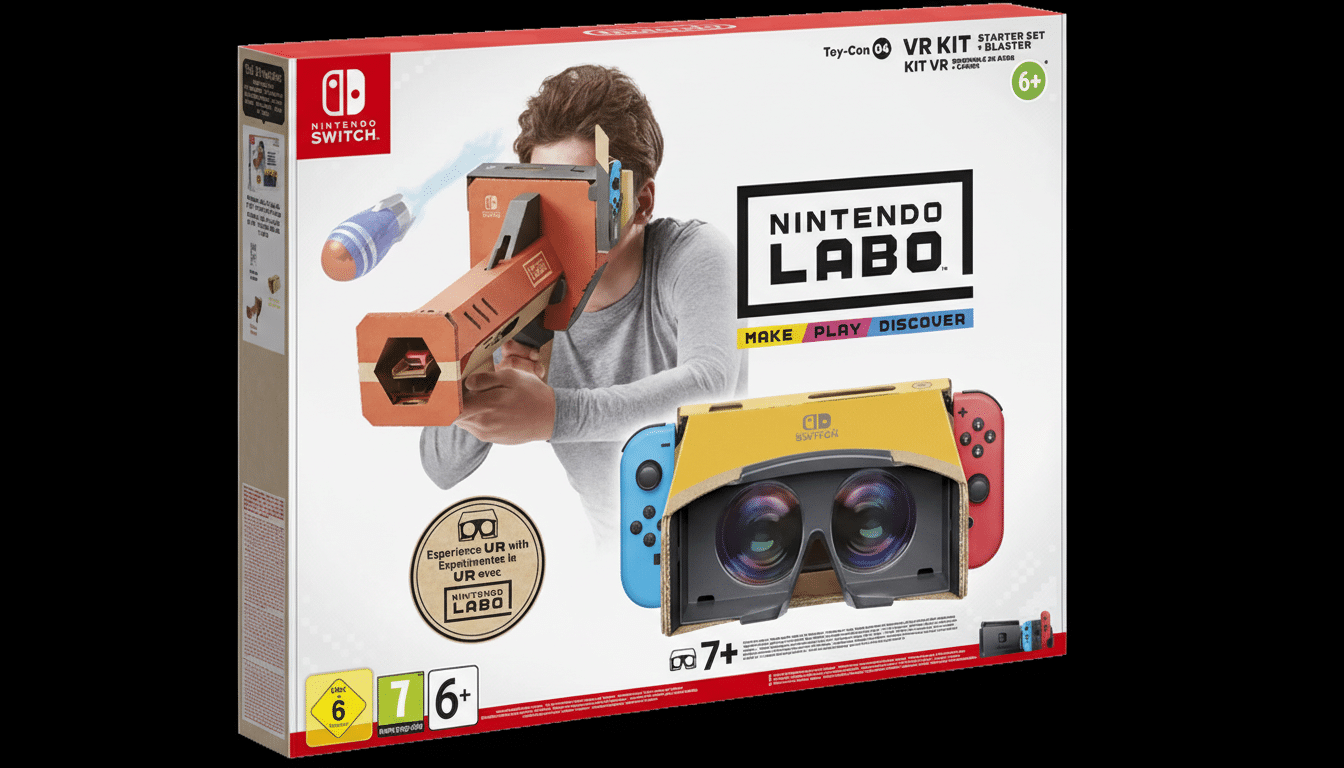 A Nintendo Labo VR Kit box, featuring a person playing with the VR blaster and a close-up of the VR goggles.