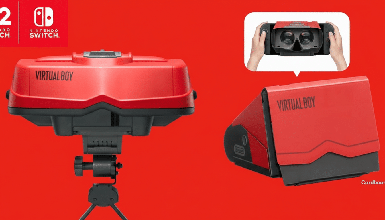 A red Virtual Boy console on a tripod, with a side view of the console and an inset image of hands holding a VR headset.