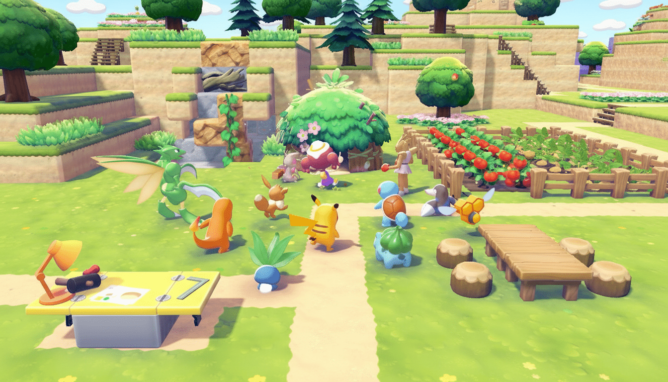 A vibrant, professionally enhanced image of various Pokémon characters in a lush, blocky landscape with a 16:9 aspect ratio.