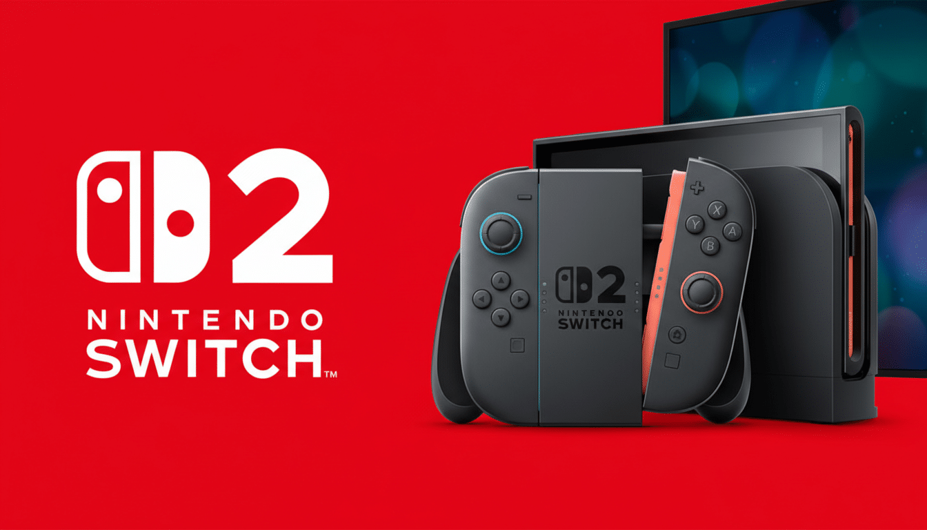 A Nintendo Switch console and its accessories are displayed on a vibrant red background with the Nintendo Switch logo.