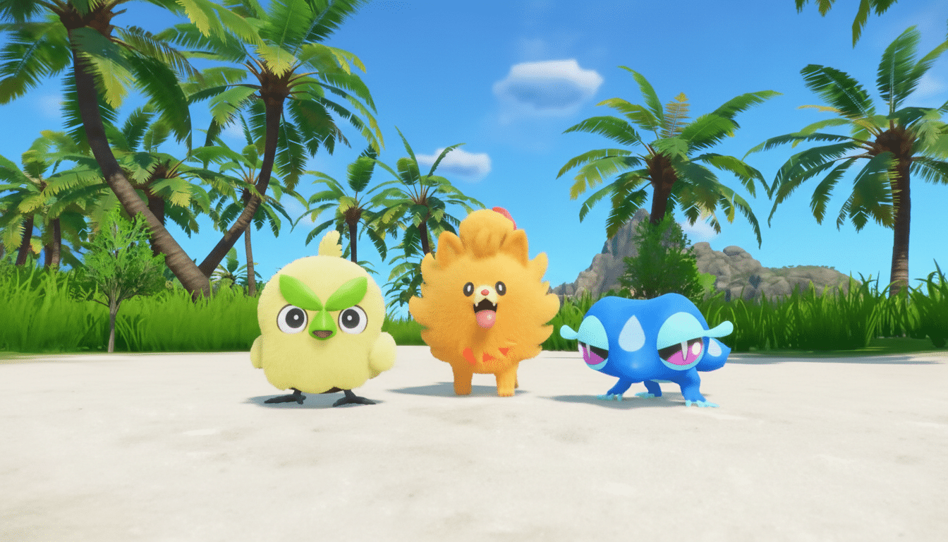 Three colorful, cartoon-like creatures standing on a sandy beach with palm trees and a blue sky in the background.
