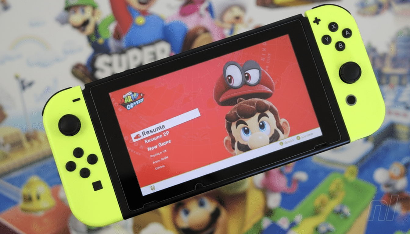 A Nintendo Switch console with neon yellow Joy-Cons, displaying the Super Mario Odyssey game menu.
