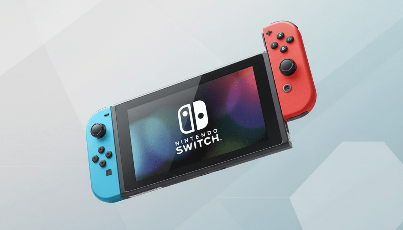 A Nintendo Switch console with blue and red Joy-Con controllers, set against a professional flat design background with soft patterns and gradients.