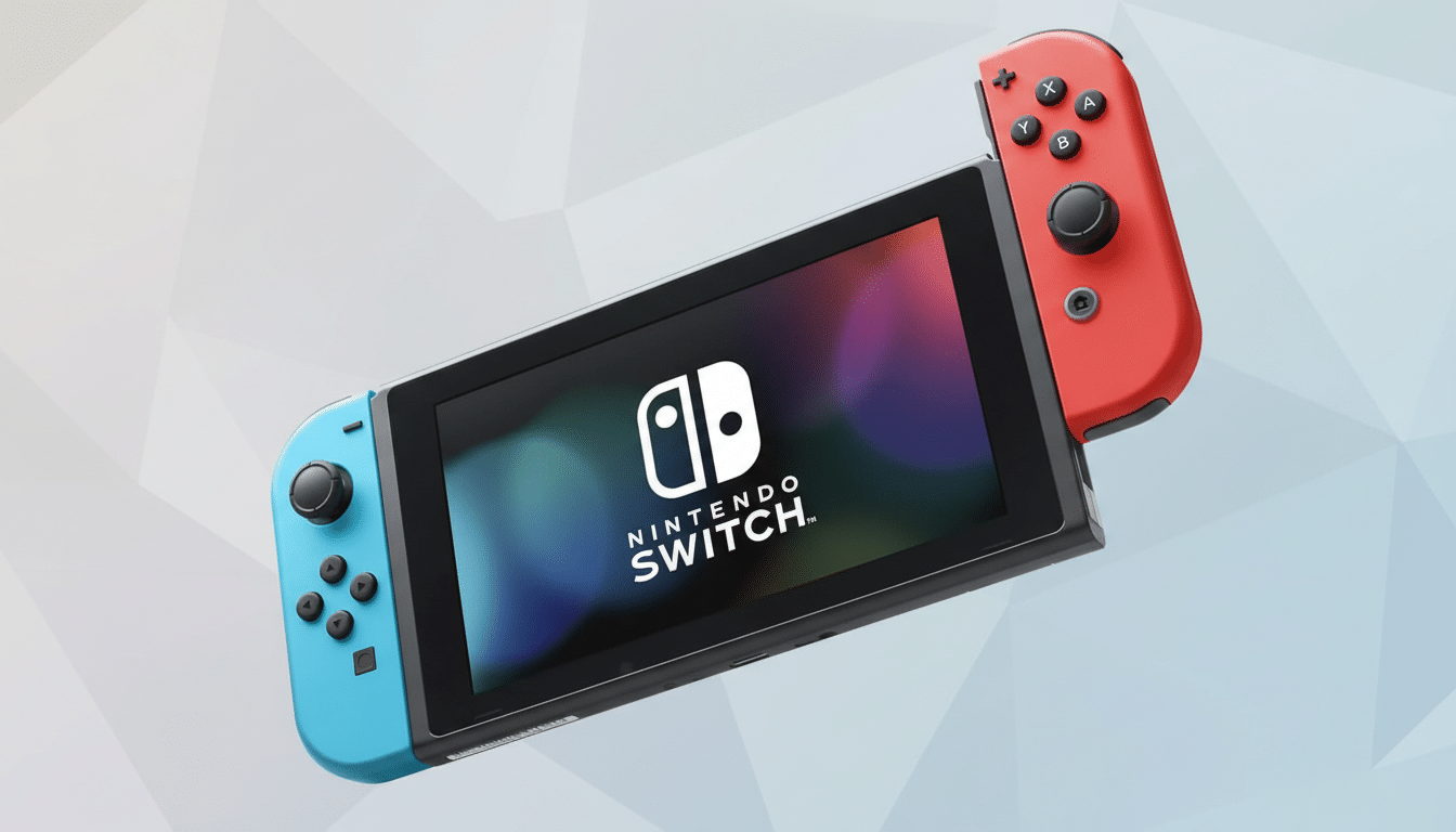A Nintendo Switch console with blue and red Joy-Cons, set against a professional flat design background with soft geometric patterns and gradients.