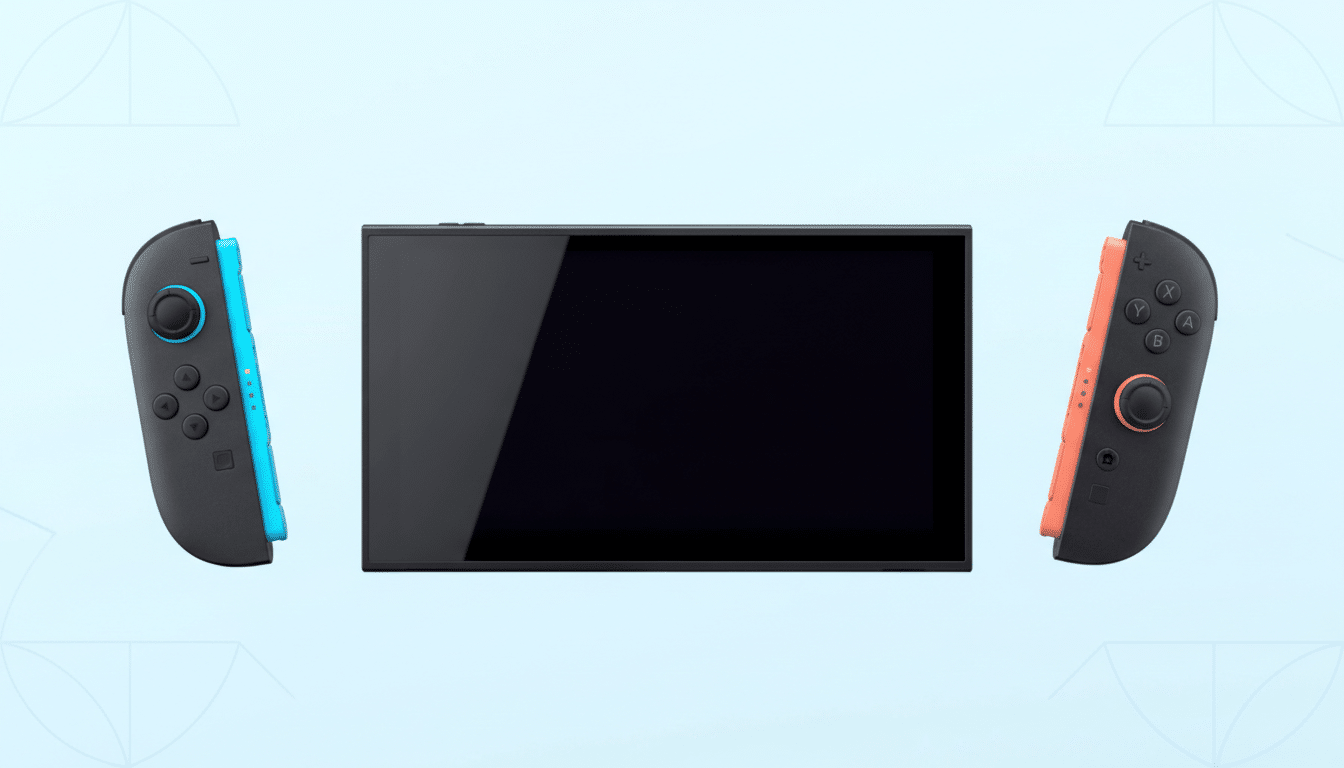 A Nintendo Switch console with its screen in the center, flanked by a blue Joy-Con on the left and an orange Joy-Con on the right, all against a light blue background with subtle geometric patterns.