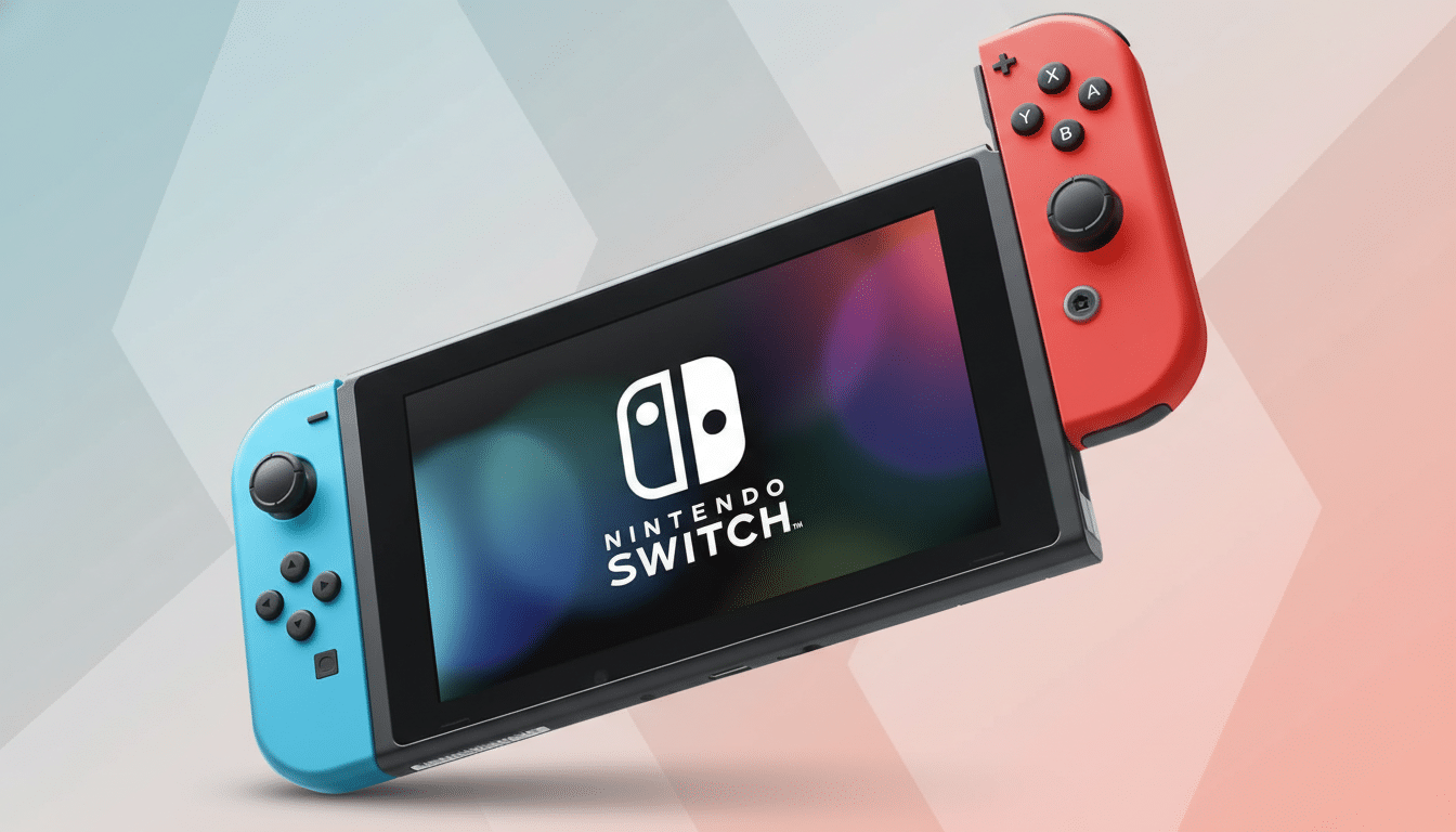 A Nintendo Switch console with blue and red Joy-Cons, set against a professional flat design background with soft gradients.