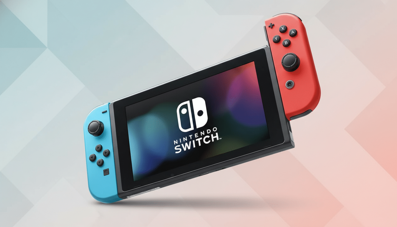 A Nintendo Switch console with blue and red Joy-Cons, set against a professional background with soft blue and red gradients.