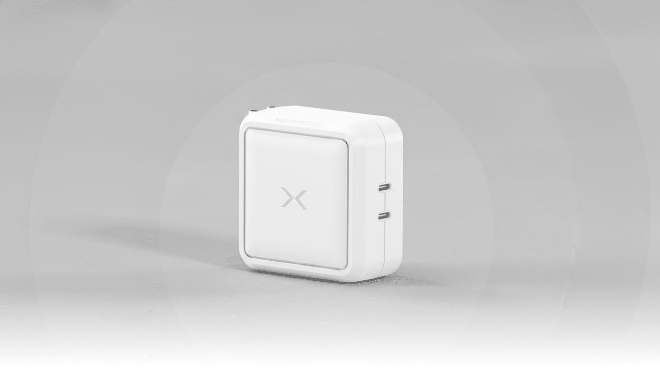 A white rectangular electronic device with a gray X on its front, presented on a professional gray background with subtle gradients.