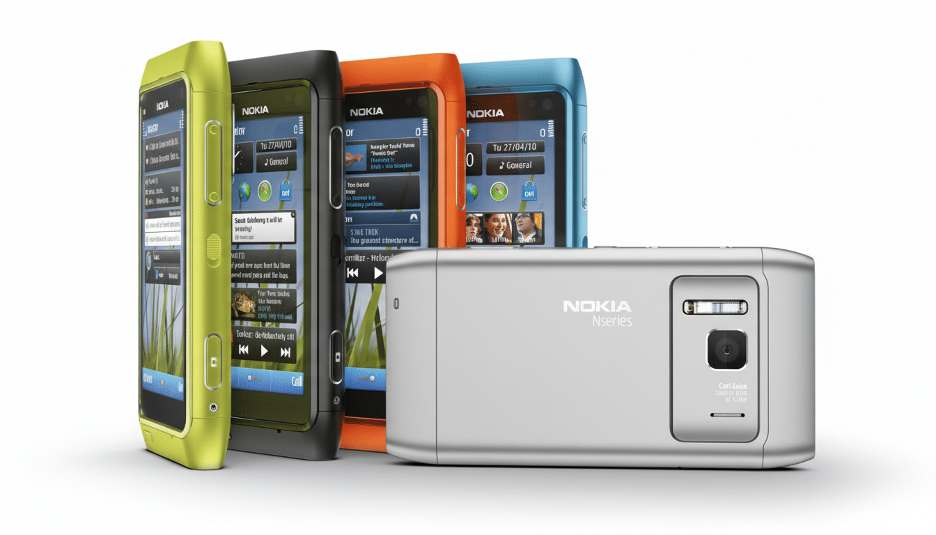 A professional image of four Nokia Nseries phones in different colors (lime green, black, orange, and blue) standing upright, with a silver Nokia Nseries phone lying horizontally in the foreground, showcasing its camera.