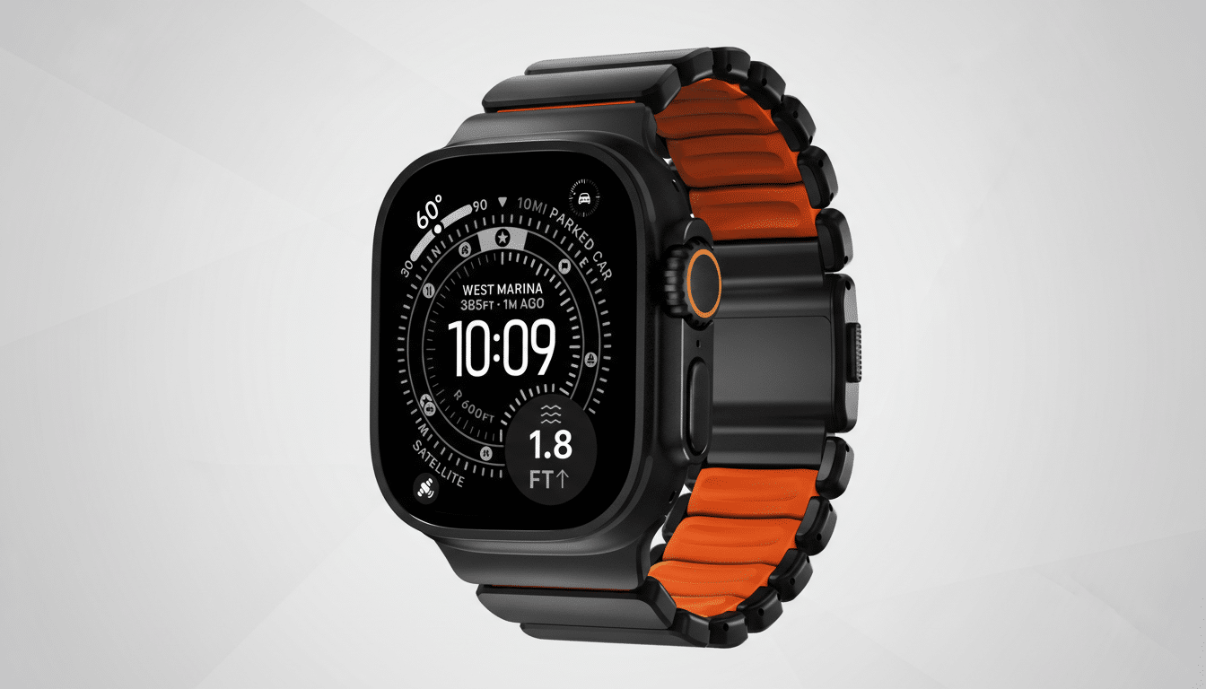 Nomad Stratos Apple Watch band close-up on Apple Watch, premium rugged design