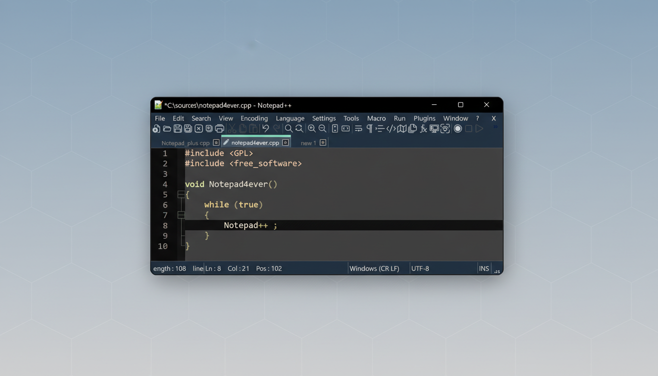 A screenshot of Notepad++ displaying C++ code, resized to a 16:9 aspect ratio with a professional flat design background featuring soft hexagonal patterns and a gradient.