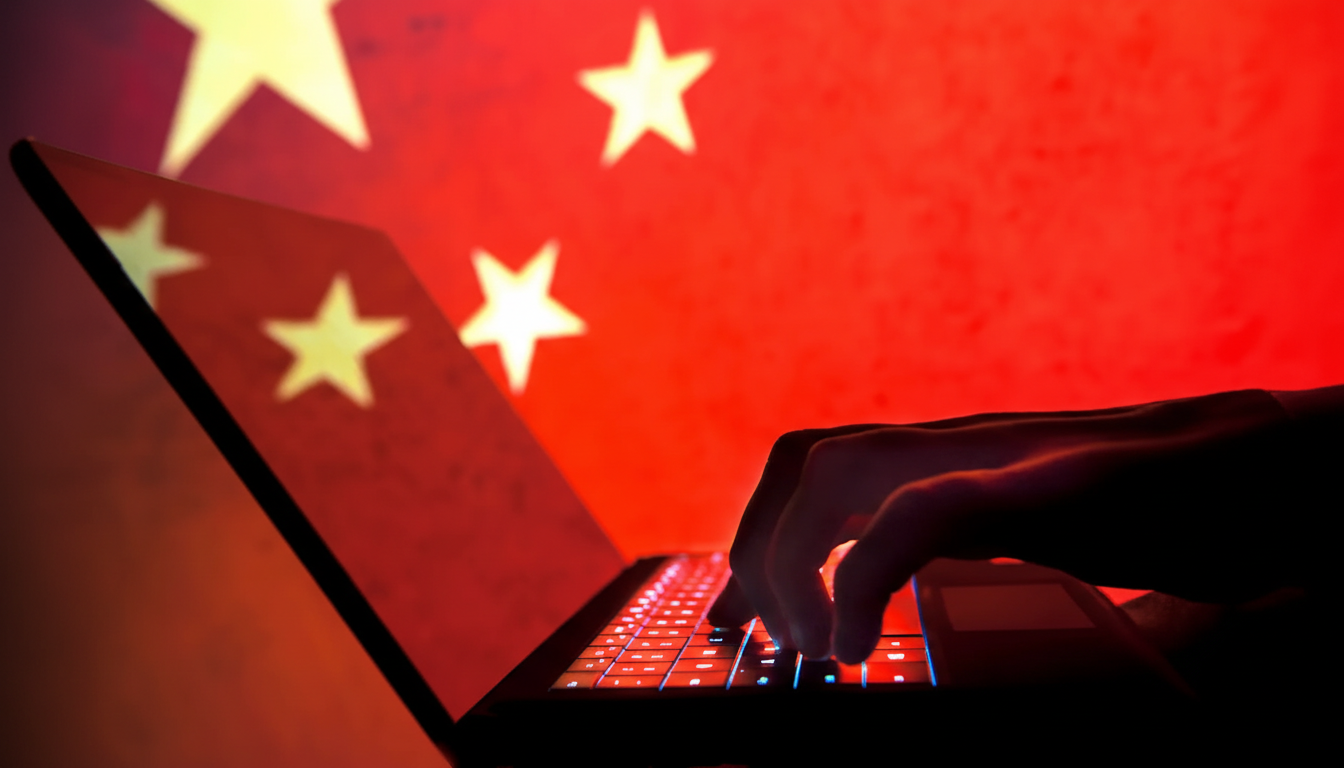 A persons hands typing on a laptop keyboard, with the red and yellow flag of China visible in the background.