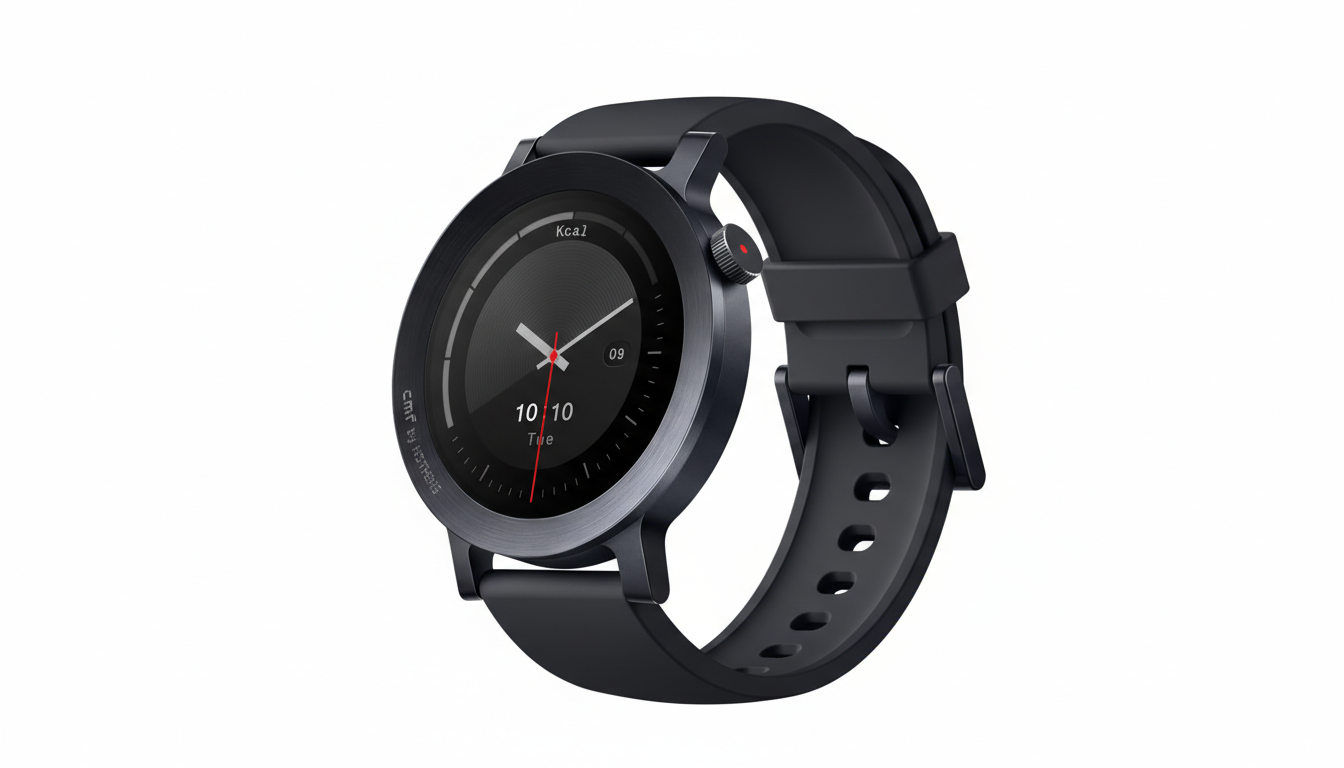 A black smartwatch with a round face and a black strap, displaying 10/10 Tue and Kcal on its screen, set against a clean white background.