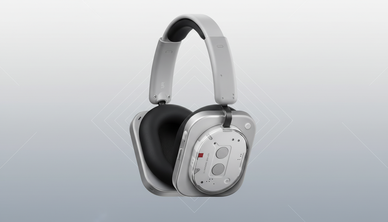 A pair of Nothing over-ear headphones in a light gray and black color scheme, presented on a professional flat design background with subtle geometric patterns and a soft gradient.