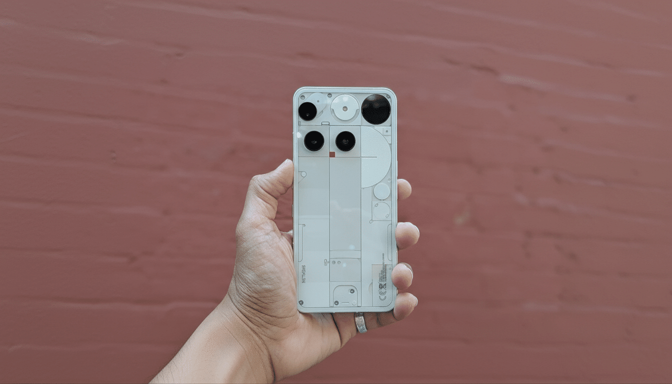 A hand holding a white Nothing Phone (1) with its transparent back design visible, against a reddish-brown wall.