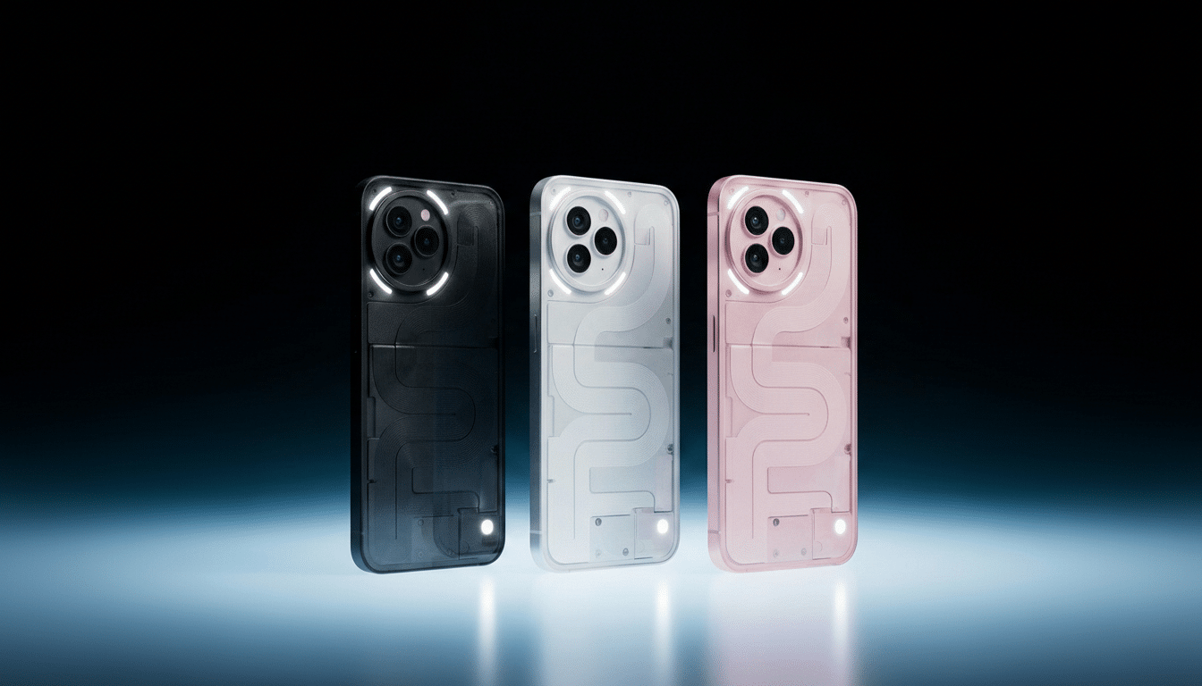 Three iPhone cases in black, white, and pink, featuring a circuit-like design and illuminated rings around the camera lenses, are displayed on a reflective surface against a dark background.
