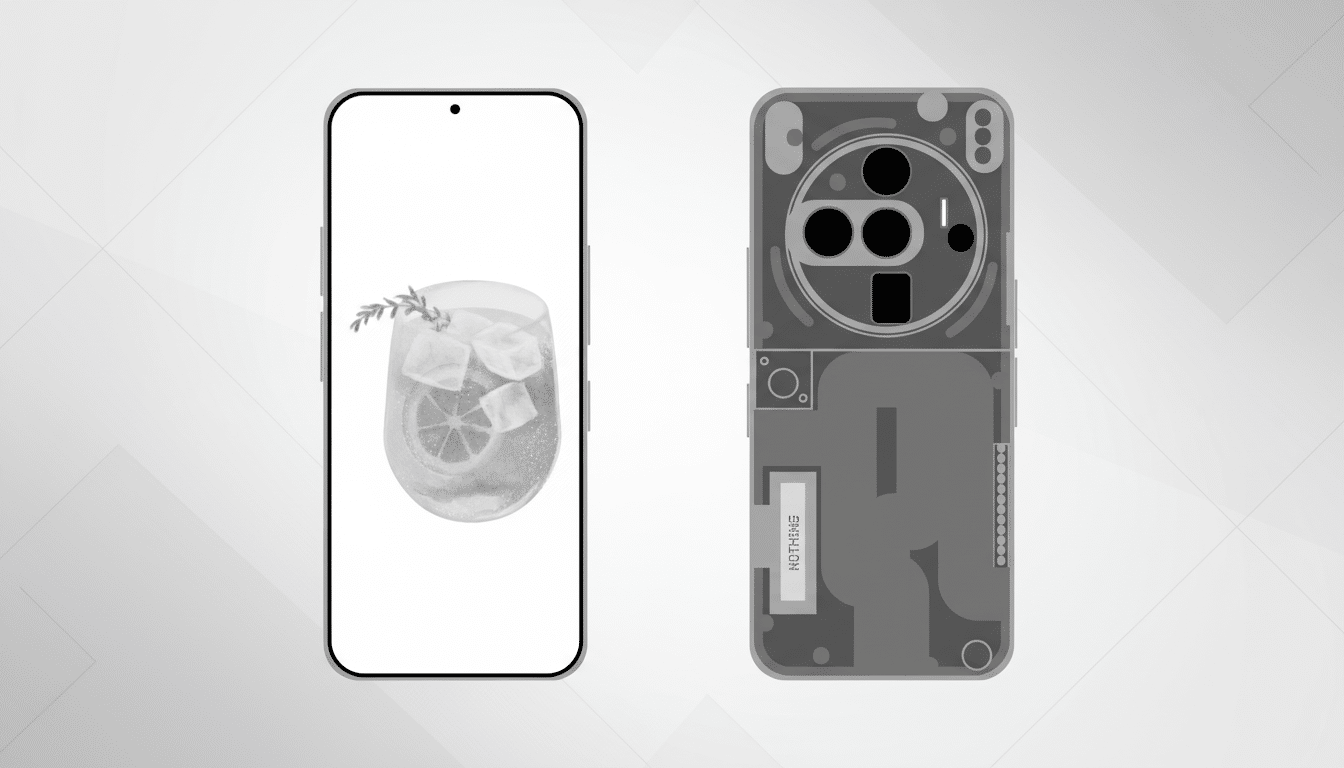 A smartphone with a cocktail on its screen and the back of another smartphone with its internal components visible, presented on a professional flat design background with soft patterns.