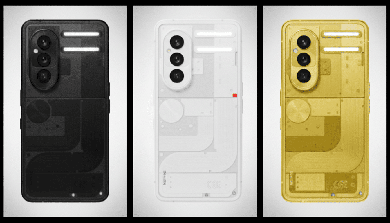 Three Nothing Phone (2a) models in black, white, and gold, showcasing their transparent back designs with internal components visible.