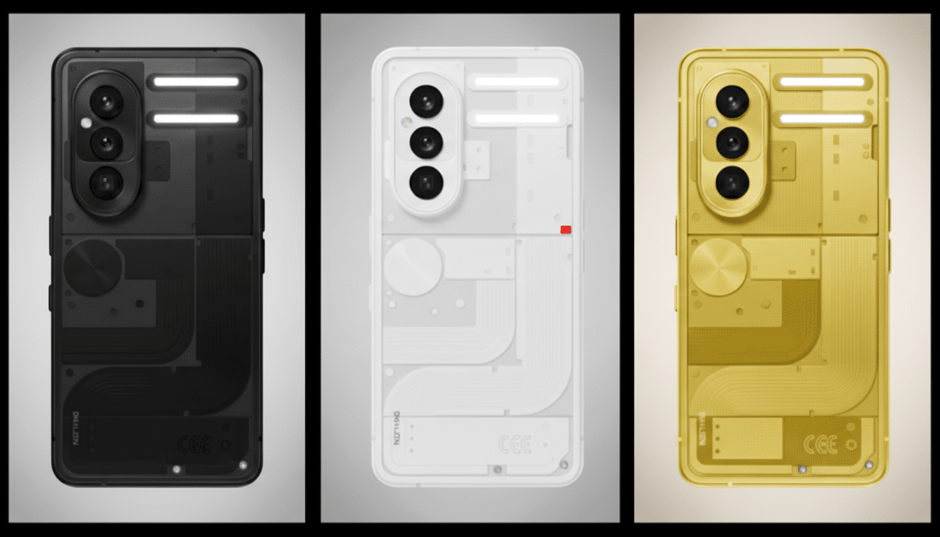 Three Nothing Phone (2a) models in black, white, and gold, showcasing their transparent back designs with internal components visible, presented in a 16:9 aspect ratio.