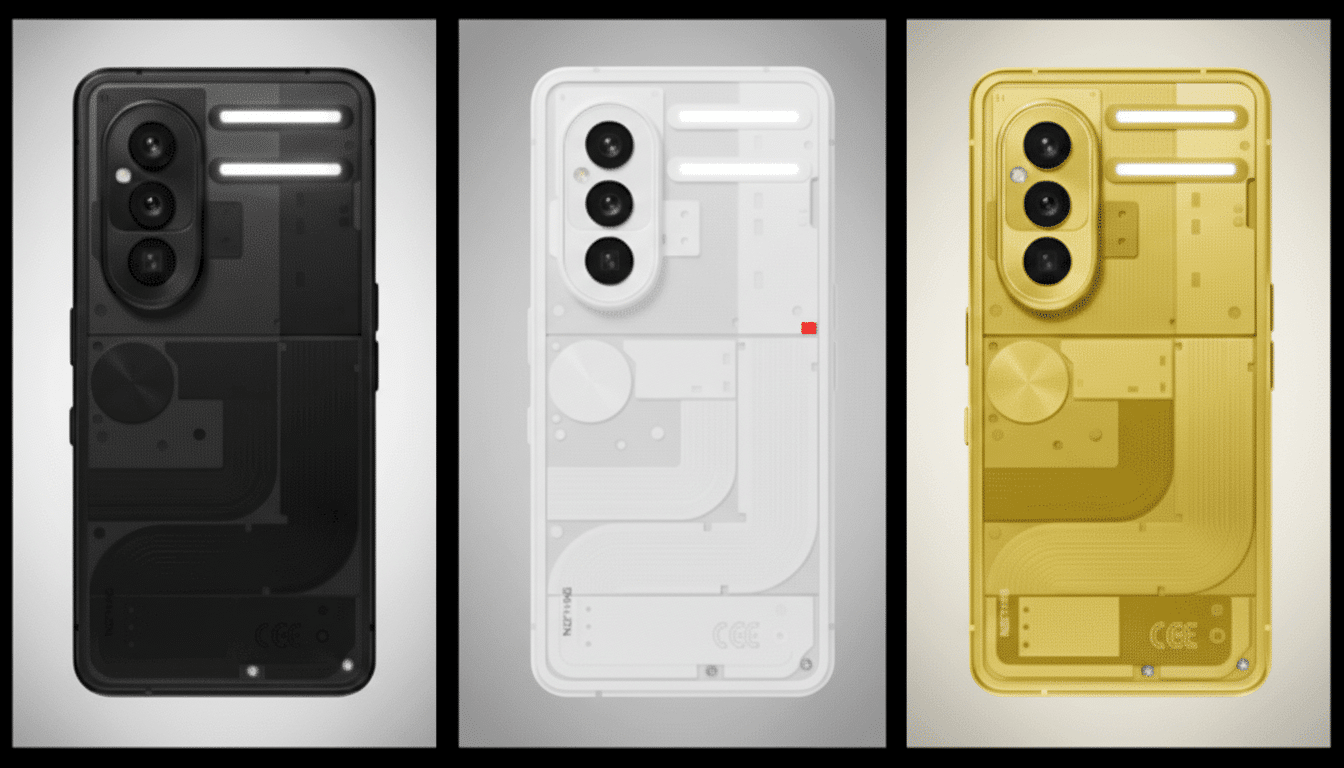Three Nothing Phone (2a) models in black, white, and gold, showcasing their transparent back designs with internal components visible.