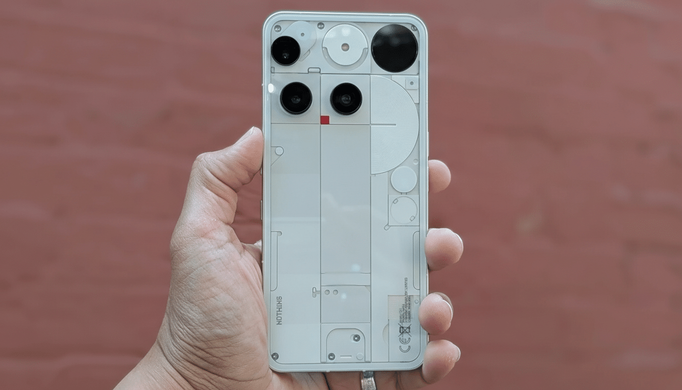 A hand holding a Nothing Phone (2) with its transparent back design visible, against a reddish-brown background.