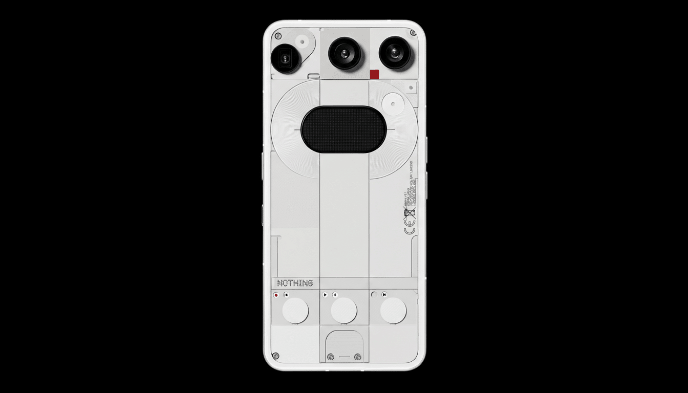 A white Nothing Phone (2) with a transparent back, showcasing its internal components, is centered against a black background.