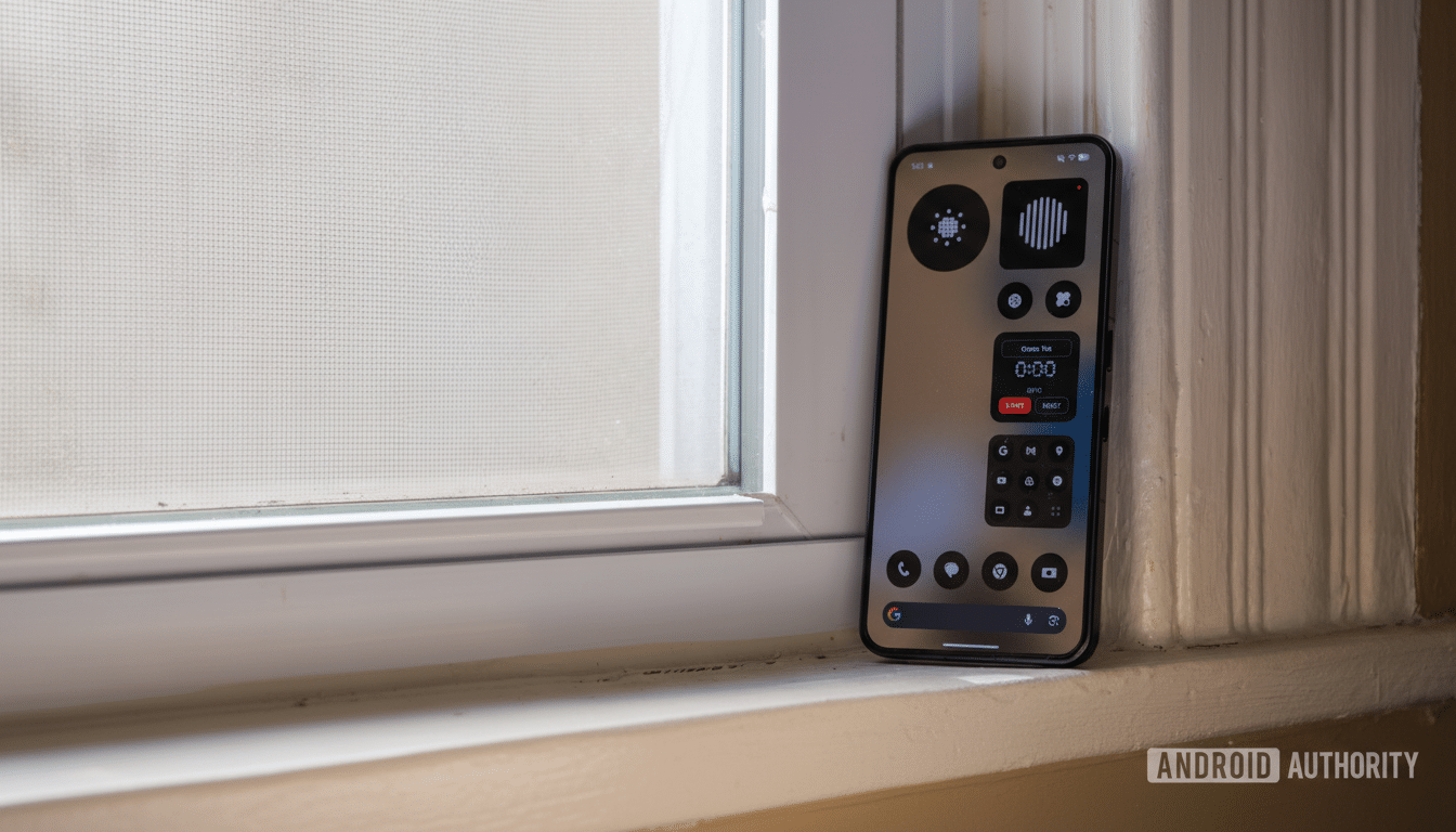 A smartphone displaying a custom home screen with various widgets and app icons, leaning against a white window frame with a screen visible outside.