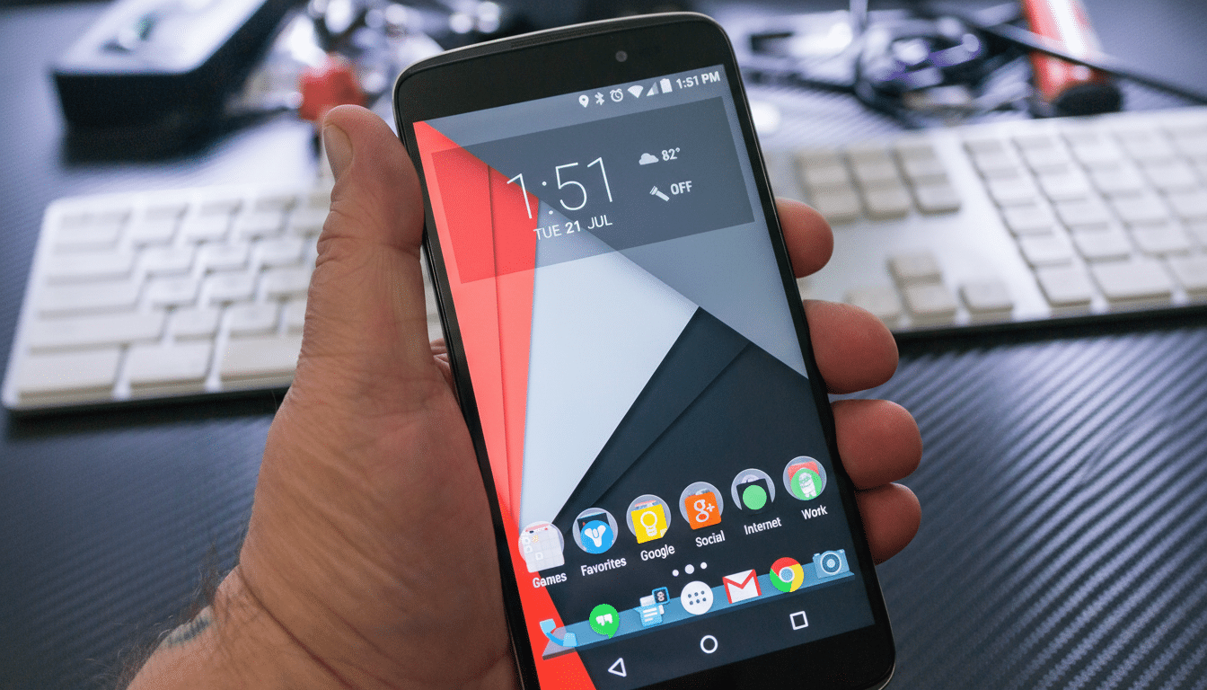 A hand holding a smartphone displaying the home screen with various app icons and a digital clock.