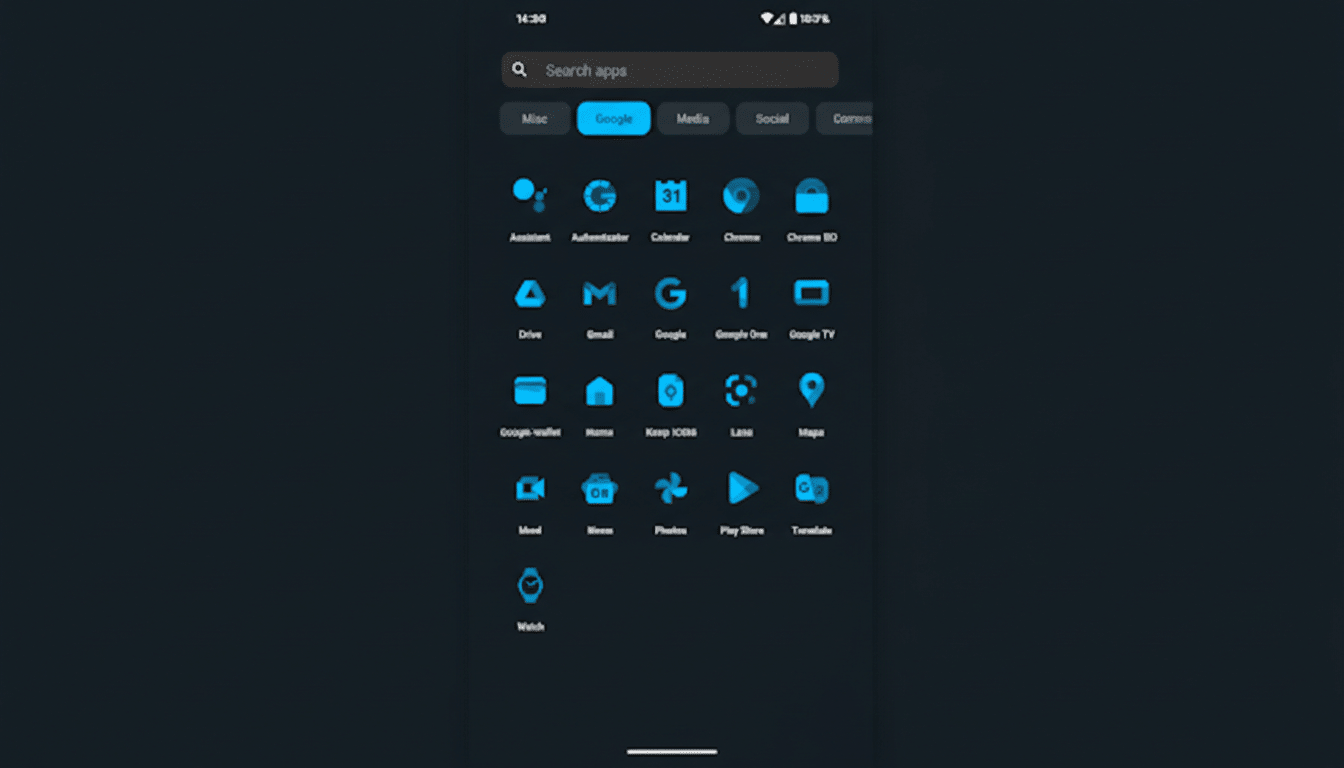 A smartphone screen displaying a dark mode app drawer with various Google applications highlighted in blue.