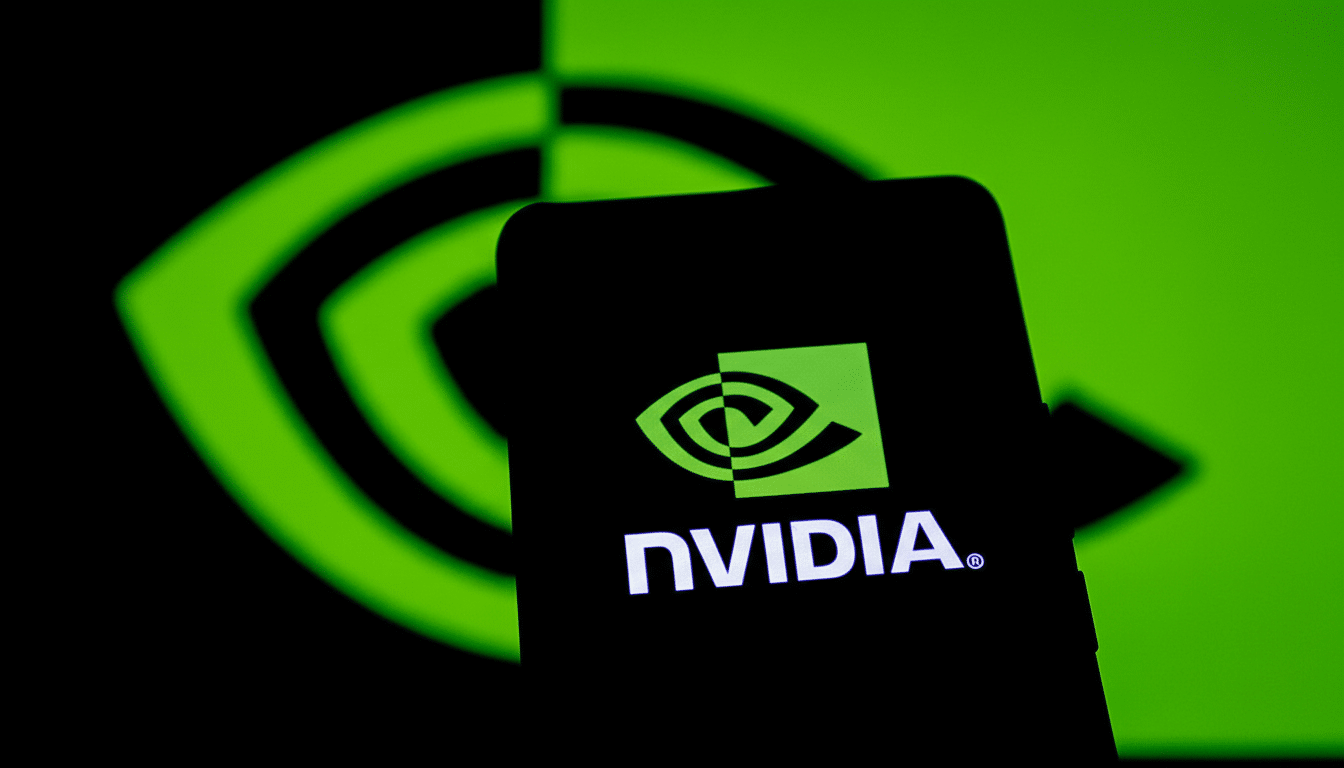 The NVIDIA logo is displayed on a smartphone screen, with a larger, blurred NVIDIA logo in the background.