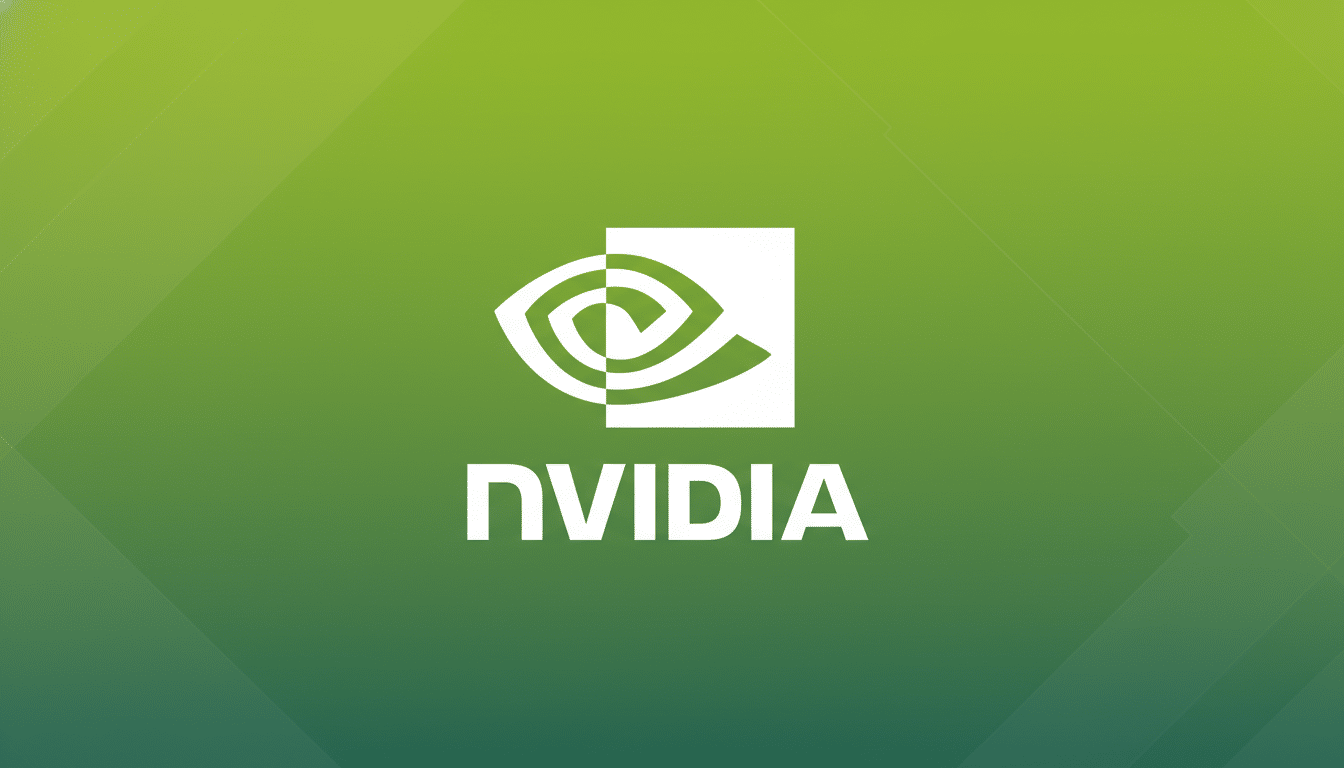 The NVIDIA logo, featuring a stylized white eye icon and the word NVIDIA in white text, centered on a professional green gradient background with subtle geometric patterns.