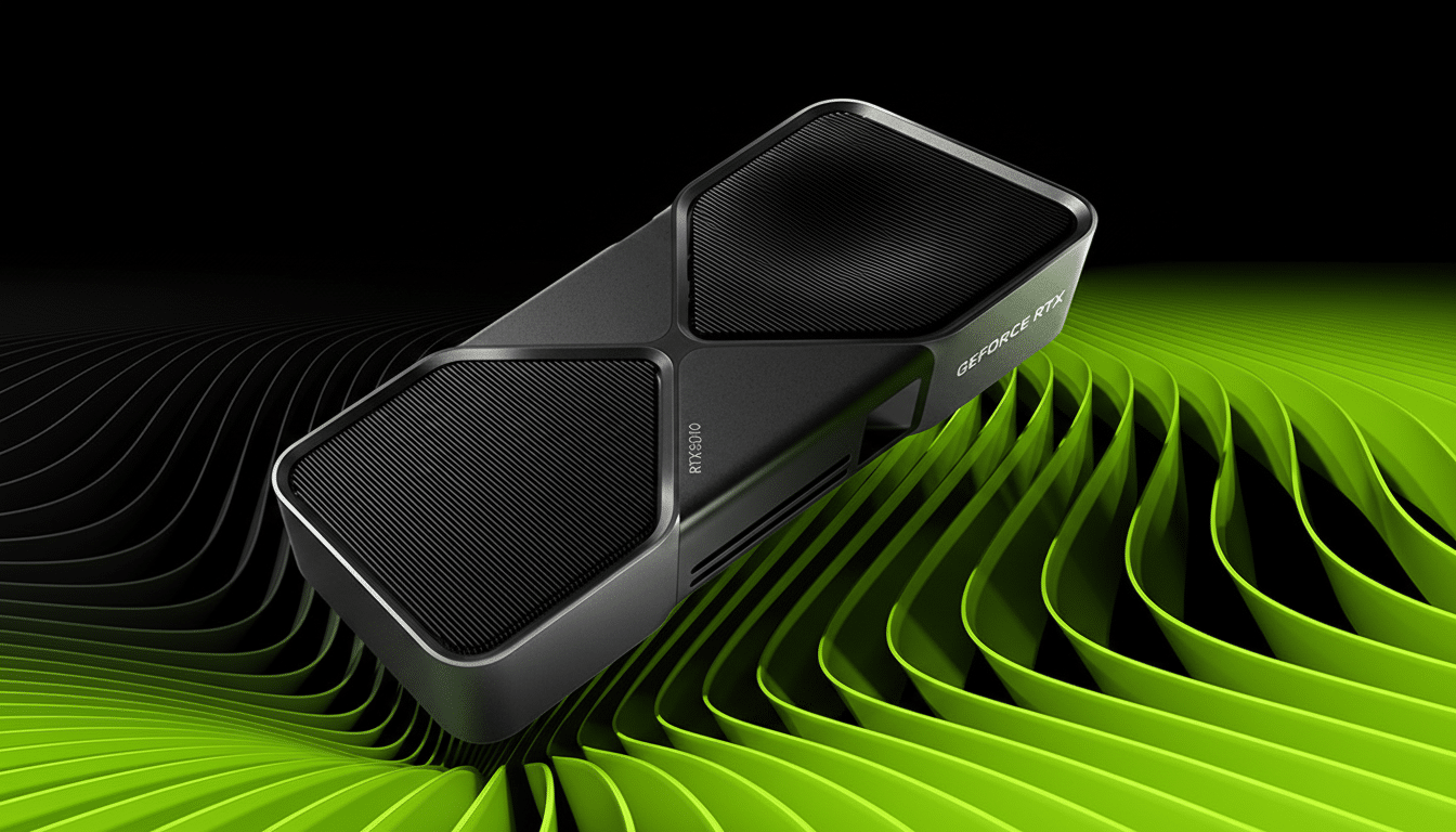 A black NVIDIA GeForce RTX 5070 graphics card is angled on a dynamic background of flowing green and black wave patterns.