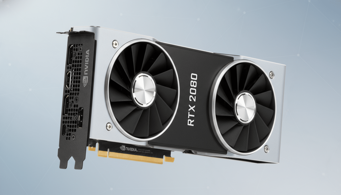 A professional, enhanced image of an NVIDIA RTX 2080 graphics card, presented in a 16:9 aspect ratio with a subtle, soft gradient background.