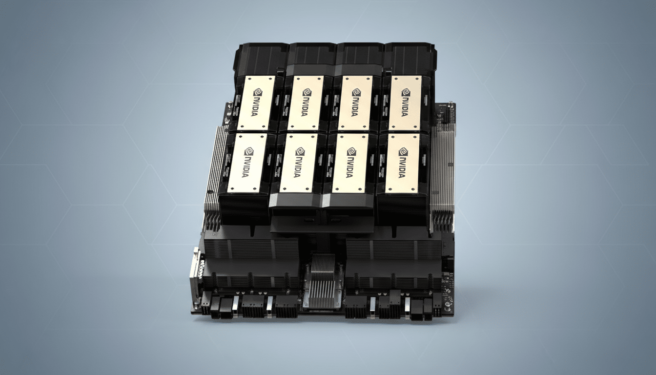 A professional, enhanced image of an NVIDIA GPU server rack, presented on a clean, light gray background with subtle hexagonal patterns, maintaining a 16:9 aspect ratio.